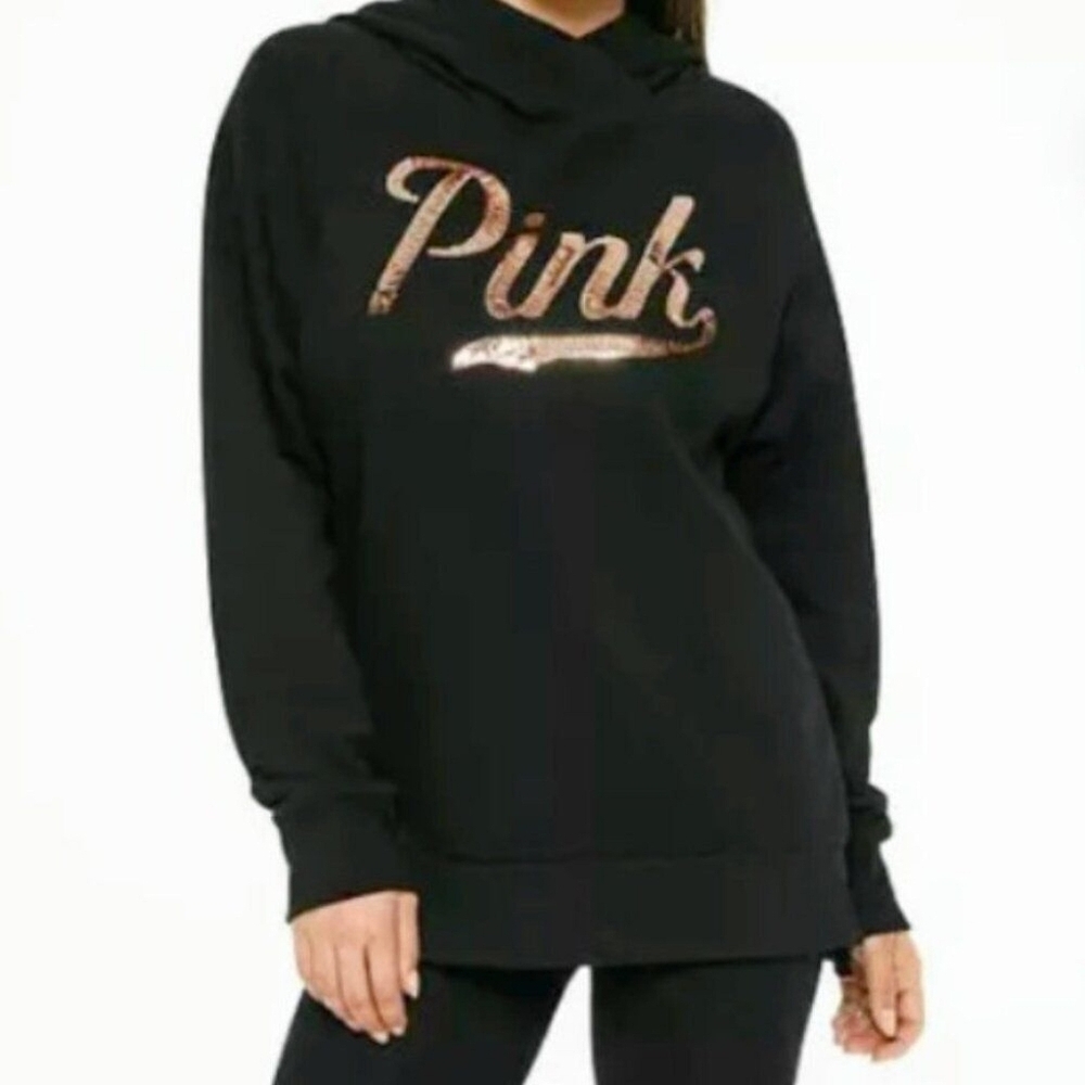 PINK Victorias Secret Gold Sequin Black Hoodie Sz Small